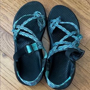 Blue and Green Chacos size 7